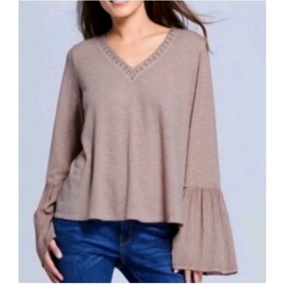 Knox Rose Women's Bell Sleeve Beaded V-Neck Blouse Pink Bohemian Size XS